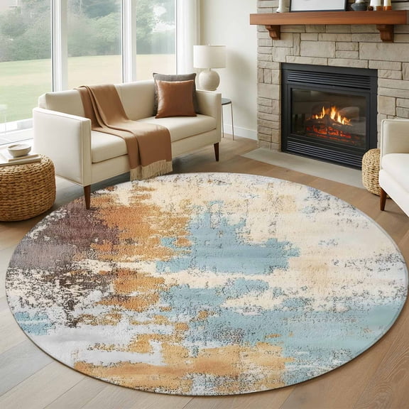 Abstract Graffiti Art 7FT Round Area Rugs for Living Room 111 Brown Blue Street Theme Ultra-Thin Non-Slip Round Rugs Machine Washable Low Pile Circle Carpet for Bedroom Kitchen Nursery