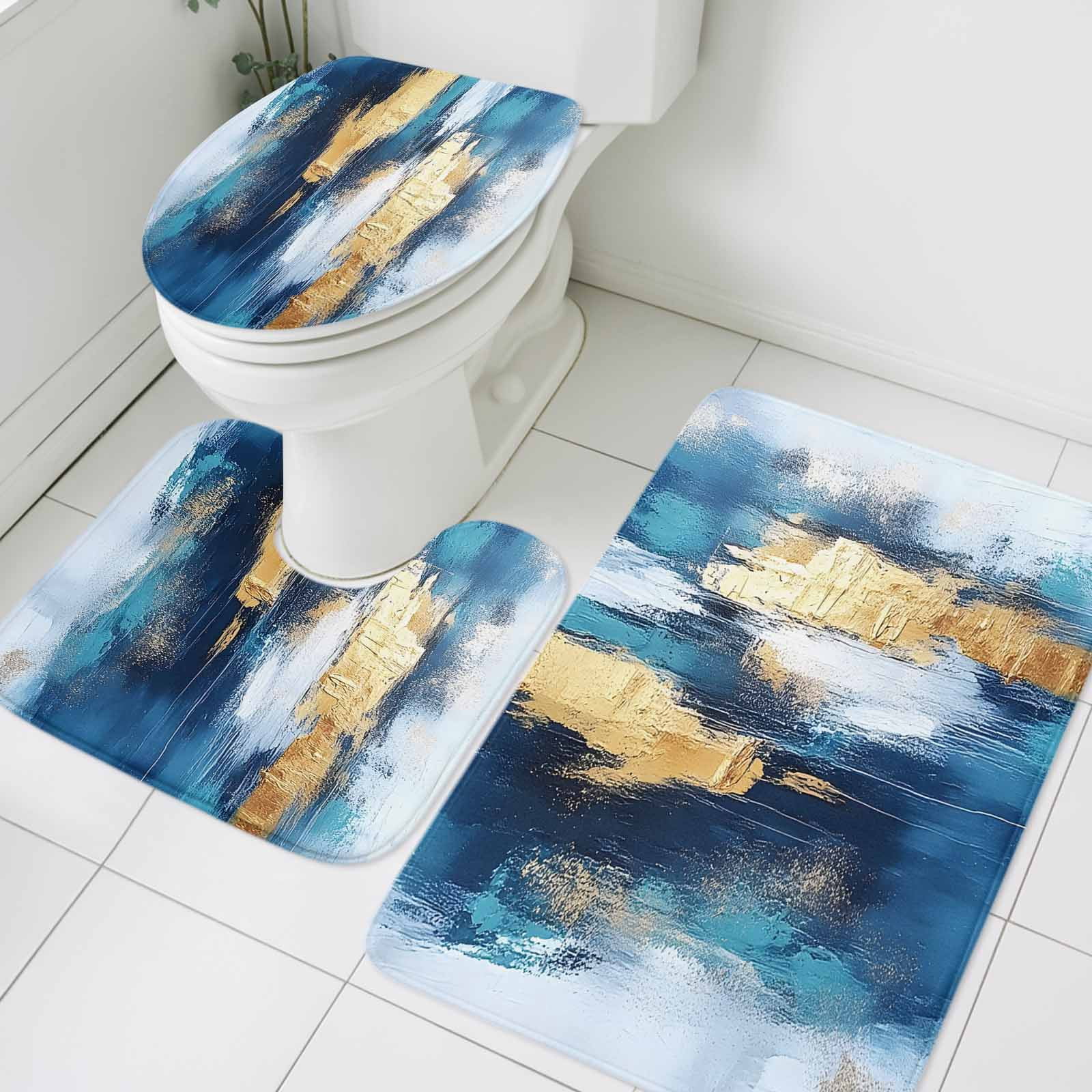Abstract Graffiti Art Bathroom Rugs Set Gold Blue Blend Design Non Slip ...