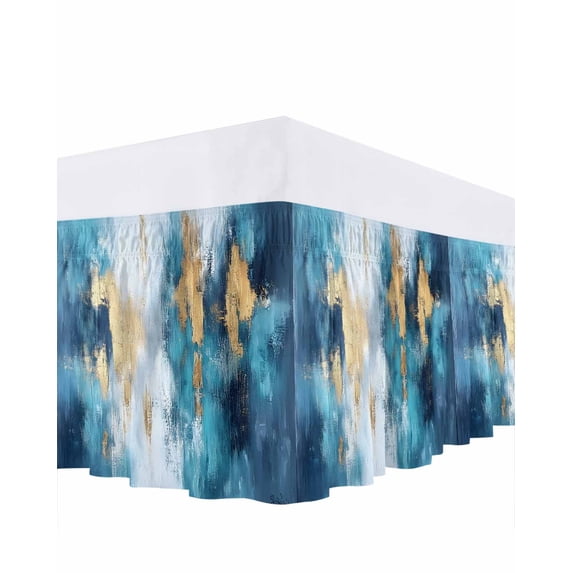 Abstract Graffiti Art Bed Skirt Queen Size 18" Drop Blue Gold Blend Decor Ruffled Wrap Around Bed Skirts Adjustable Elastic Bedskirt Dust Ruffle for Queen Size Bed