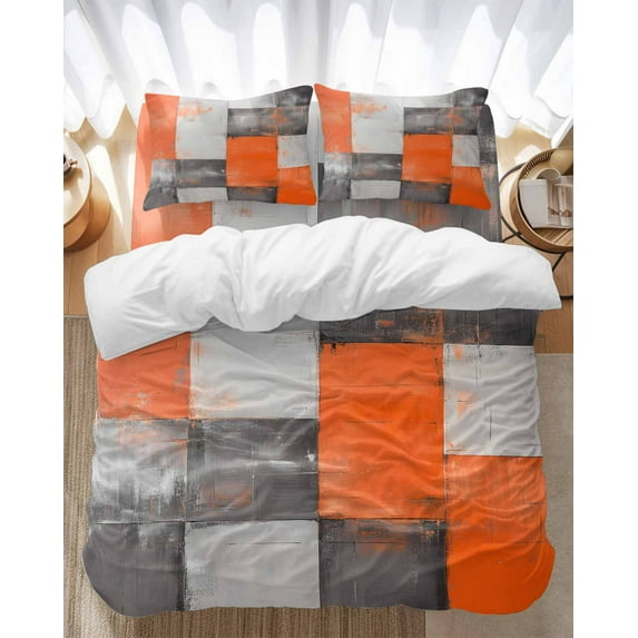 Abstract Graffiti Art Bedding Duvet Cover Set King Size 4 Pieces Orange Gary Color Stitching Bedding Set with Zipper Closure, 1 Comforter Cover 92x106 Inches 1 Flat Sheet & 2 Pillow Cases