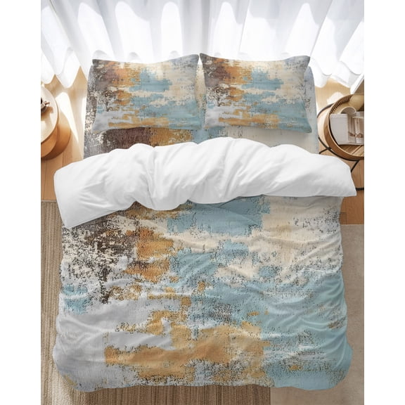 Abstract Graffiti Art Bedding Duvet Cover Set Twin Size 4 Pieces Brown Blue Street Theme Bedding Set with Zipper Closure, 1 Comforter Cover 68x90 Inches 1 Flat Sheet & 2 Pillow Cases