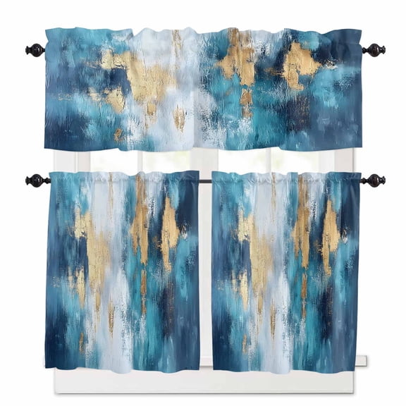Abstract Graffiti Art Kitchen Curtains and Valances Set, Blue Gold Blend Decor Rod Pocket Window Valance 18 Inch Window Curtain Panels for Living Room Bedroom Laundry, 27.5x24in, 3 Pieces