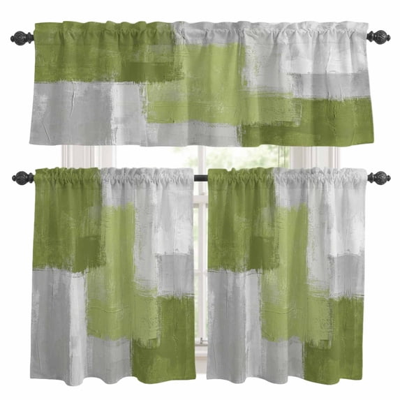 Abstract Graffiti Art Kitchen Curtains Valances and Tiers Set of 3 Green Grey Geometric Painting Texture Tier Curtains and Valance with Rod Pocket for Small Windows, 27.5"x24"