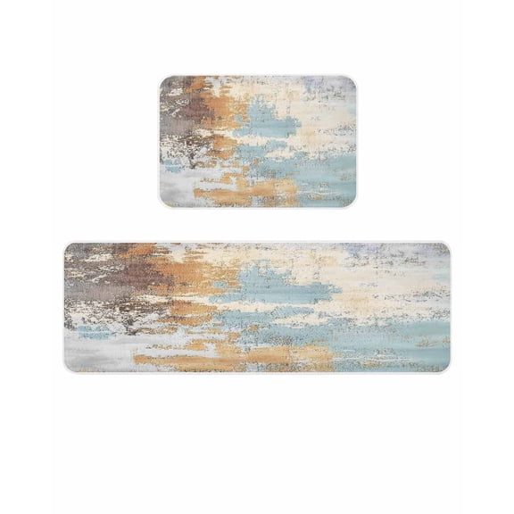 Abstract Graffiti Art Kitchen Mats for Floor 2 Piece, Brown Blue Street Theme Absorbent Non-Slip Kitchen Rugs Comfort Standing Mat for Laundry, Hallways 20"x24"+20"x48"