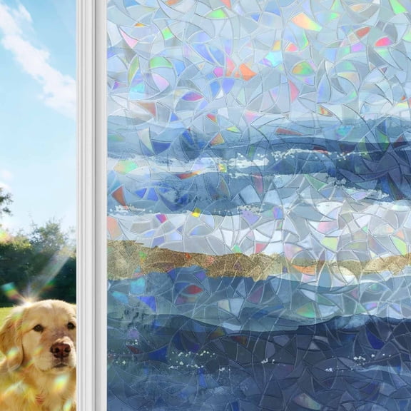 Abstract Graffiti Art Rainbow Window Privacy Film, Watercolor Blue Gold Street Art Stained Glass Window Film, Sun Blocking Glass Clings Static Cling Non Adhesive Door Stickers 29.5 x 118 Inches