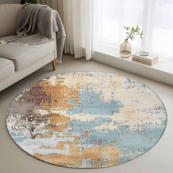 Abstract Graffiti Art Round Rugs for Living Room 4ft Brown Blue Street Theme Non Slip Circle Rug Washable Low-Profile Indoor Carpet for Bedroom, Dining Room, Bathroom