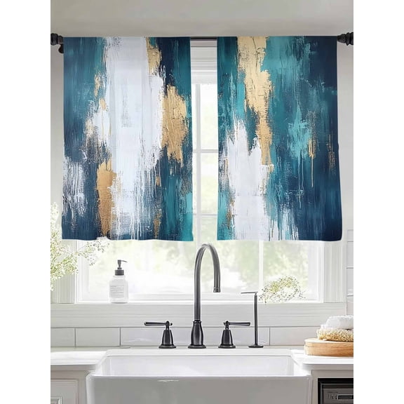 Abstract Graffiti Art Sheer Curtains 45 Inches Long 2 Panels Gold Blue Blend Texture Light Filtering Semi Sheer Window Curtains Drapes for Bedroom Living Room 52"x45"
