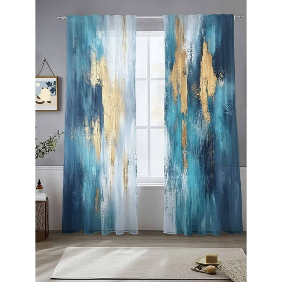Abstract Graffiti Art Sheer Curtains 96 Inches Long 2 Panels Blue Gold Blend Decor Light Filtering Semi Sheer Window Curtains Drapes for Bedroom Living Room 52"x96"