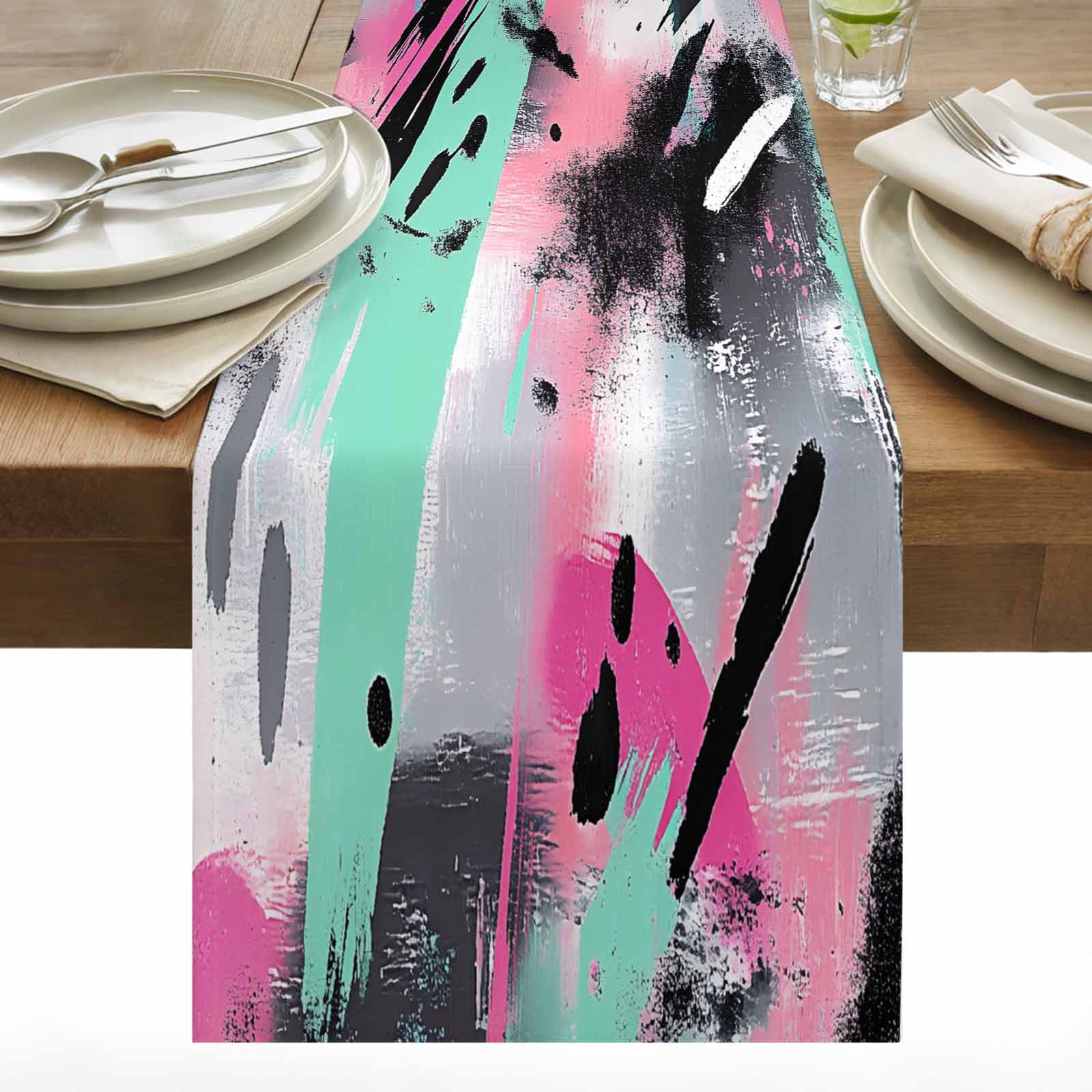 Abstract Graffiti Art Table Runner 13x108 inch Pink Black Green Splash ...
