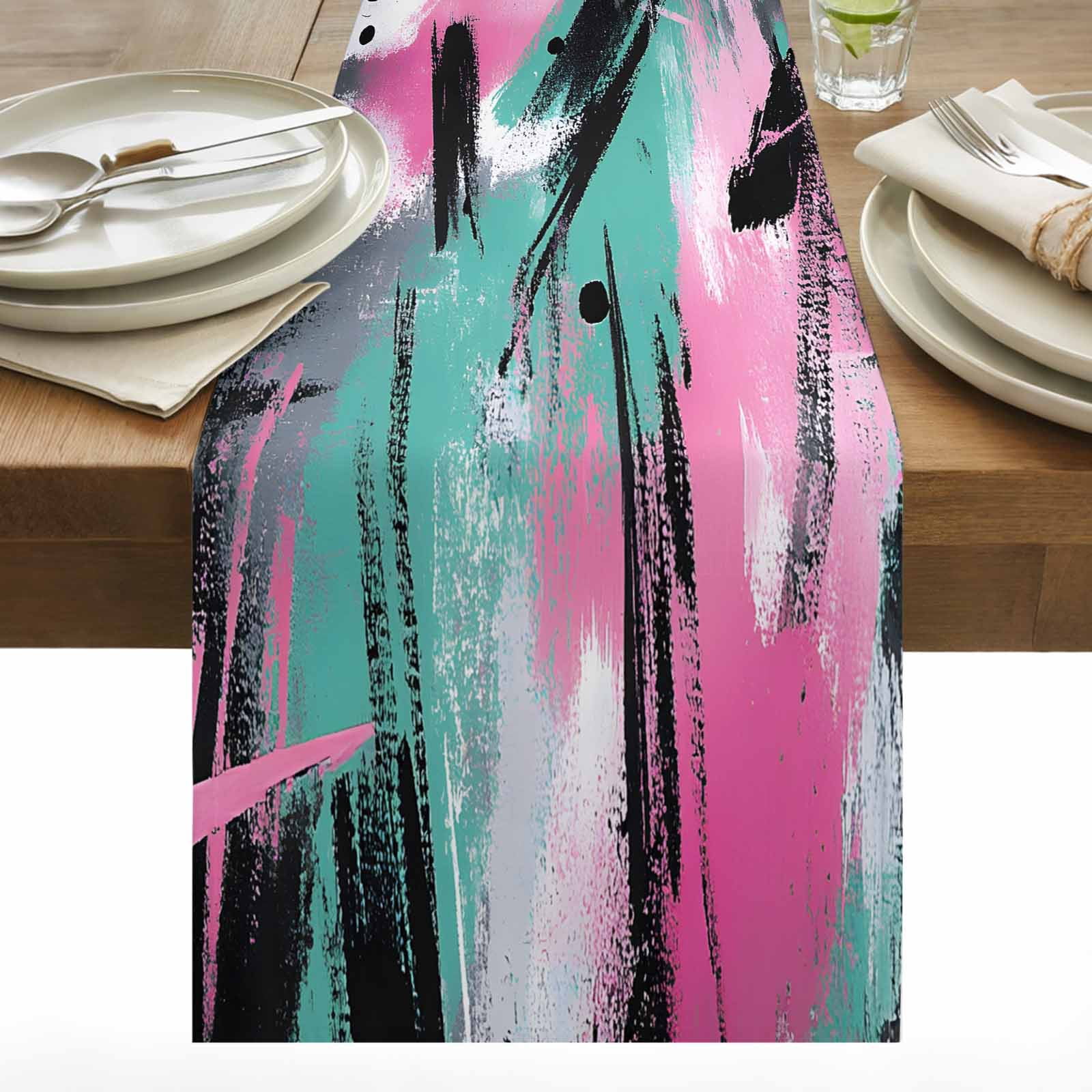 Abstract Graffiti Art Table Runner 13x36 inch Pink Green Splash ...