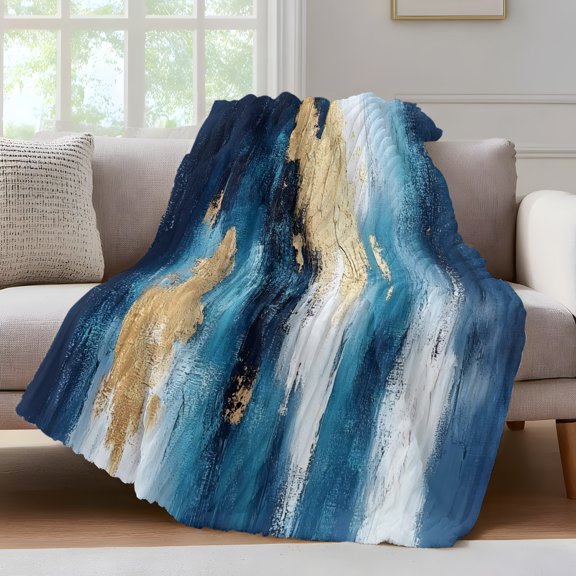 Abstract Graffiti Art Throw Blanket for Couch Gold Blue Blending Design Soft and Warm Flannel 3D Striped Fluffy Fuzzy Fleece Blanket Lightweight Throw for Bed, Sofa 30 x 40 Inches