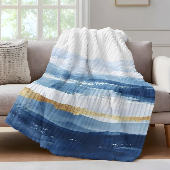 Abstract Graffiti Art Throw Blanket for Couch Watercolor Blue Gold Street Art Soft and Warm Flannel 3D Striped Fluffy Fuzzy Fleece Blanket Lightweight Throw for Bed, Sofa 30 x 40 Inches