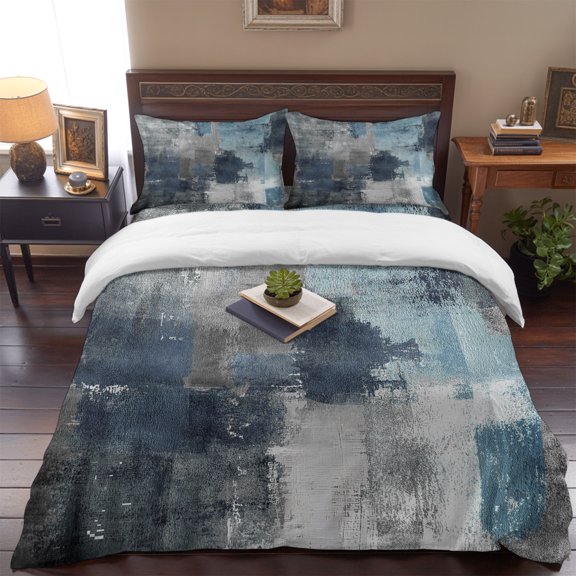 Abstract Graffiti Artwork Queen Size Bed Set,Retro Modern Blue Grey Color Bedding for All Seasons,4 Pcs Bed Set,1 Quiltcover (90"x90"),1 Sheet (90"x102"),2 Pillowcases (20"x30")
