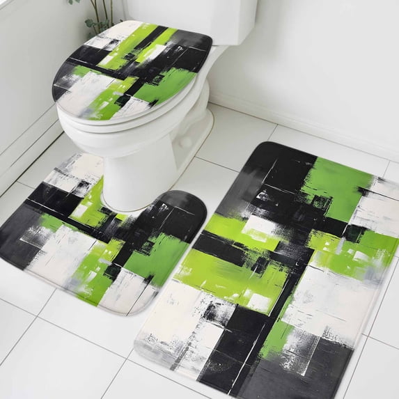 Abstract Graffiti Bathroom Rugs Set Green Black Watercolor Graffiti Non Slip Absorbent Soft Bath Mats 3 Piece Set with Bathroom Rug, U-Shaped Floor Mat, Toilet Seat Cover Large Size
