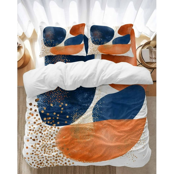 Abstract Graffiti Bedding Duvet Cover Set Full Size 4 Pieces Vintage Orange Blue Dot round Shape Bedding Set with Zipper Closure, 1 Comforter Cover 86x86 Inches 1 Flat Sheet & 2 Pillow Cases