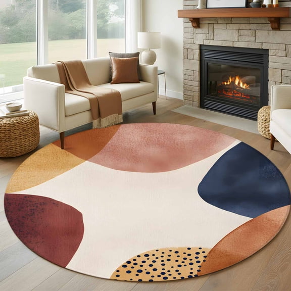 Abstract Graffiti Circle Round Rugs for Living Room 5ft Vintage Brown Blue Minimalist Art Non Slip Circle Rug Washable Low-Profile Indoor Carpet for Bedroom, Dining Room, Bathroom