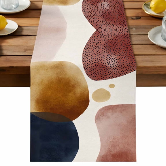 Abstract Graffiti Circle Table Runner, Vintage Brown Blue Simple Shape Cotton Linen Table Cloth, Tablerunner for Kitchen Dining Party Wedding Home Decor 13x90 Inch