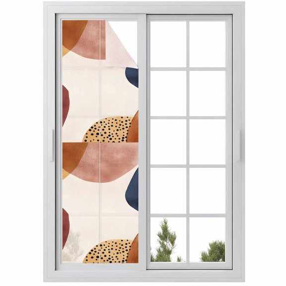 Abstract Graffiti Circle Window Privacy Film Vintage Brown Blue Minimalist Art Decorative Glass Window Film UV Blocking Static Cling Non-Adhesive Sticker Covering for Home Door 29.5 x 118 inches
