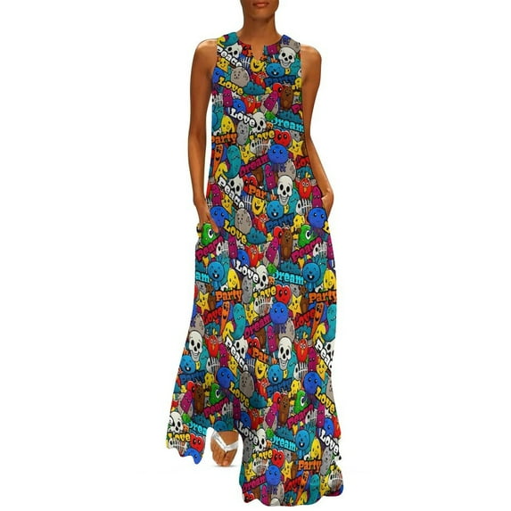 Abstract Graffiti Dress Black and White Kawaii Maxi Dress V Neck Custom Bohemia Long Dresses Aesthetic Oversized Vestido