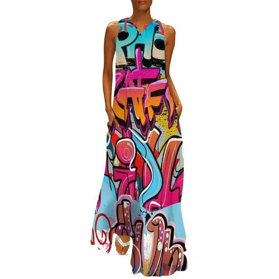 Abstract Graffiti Dress Black and White Kawaii Maxi Dress V Neck Custom Bohemia Long Dresses Aesthetic Oversized Vestido