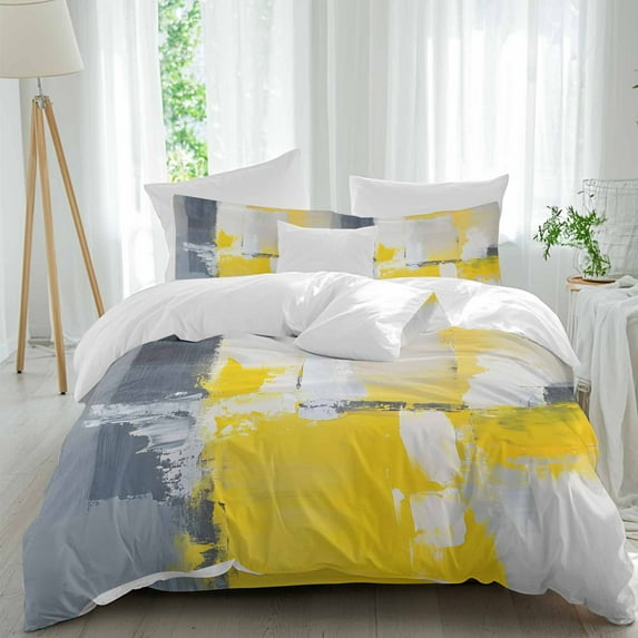 Abstract Graffiti Duvet Cover Set King Size, Yellow Gray Brush 4 Piece Soft Microfiber Bedding Set with 1 Duvet Cover, 1 Flat Sheet, 2 Pillowcases