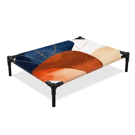 Abstract Graffiti Elevated Dog Bed, Vintage Gold Orange Blue Shape Modern Cooling Breathable Outdoor Raised Dog Cot Bed with Metal Frame Non-Slip Feet for Large Dog 28x22in