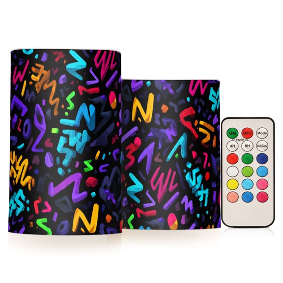 Abstract Graffiti Flickering Flameless Candles Battery Operated with Remote Timer LED Pillar Candles Set of 2