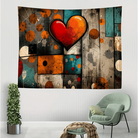 Abstract Graffiti Heart Tapestry - Urban Street Art Style with Geometric Shapes & Splatter - Vintage Pop Art Wall Decor for Living Room & Studio - Polyester Fabric