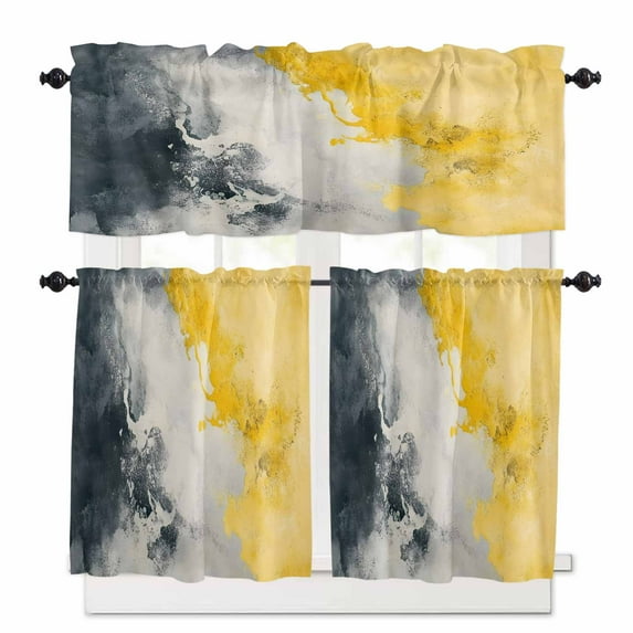 Abstract Graffiti Kitchen Curtains and Valances Set, Grey Yellow Oil Painting Style Rod Pocket Window Valance 18 Inch Window Curtain Panels for Living Room Bedroom Laundry, 27.5x36in, 3 Pieces