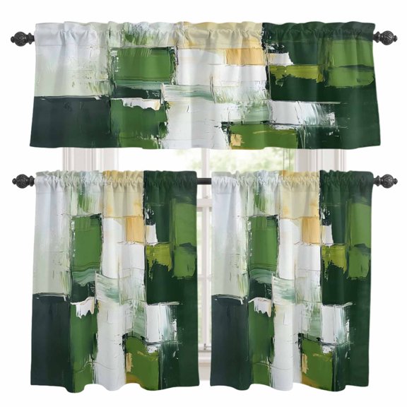 Abstract Graffiti Kitchen Curtains Valances and Tiers Set of 3 Beige Green Geometric Wash Tier Curtains and Valance with Rod Pocket for Small Windows, 27.5"x36"