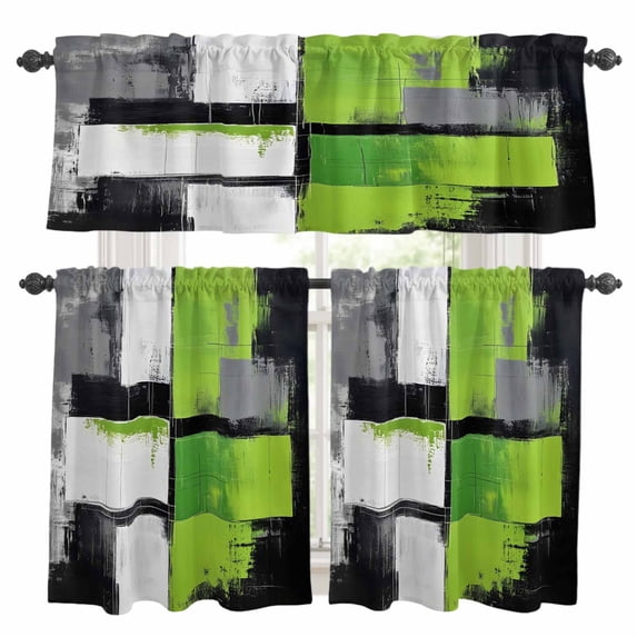 Abstract Graffiti Kitchen Curtains Valances and Tiers Set of 3 Black Green Contrast Color Tier Curtains and Valance with Rod Pocket for Small Windows, 27.5"x36"
