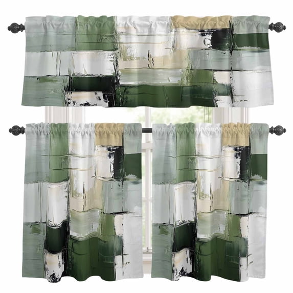Abstract Graffiti Kitchen Curtains Valances and Tiers Set of 3 Green Beige Geometric Wash Tier Curtains and Valance with Rod Pocket for Small Windows, 27.5"x36"