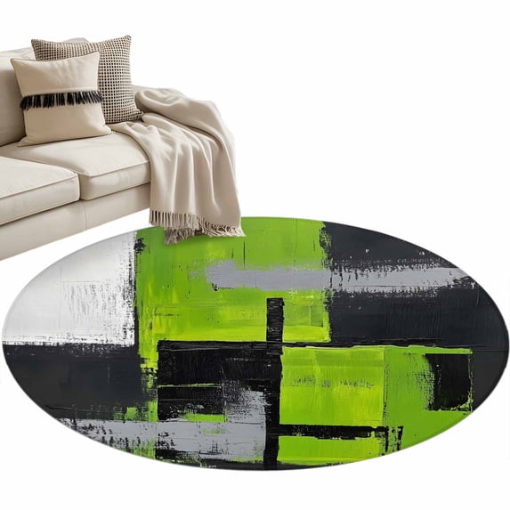Abstract Graffiti Round Area&nbsp;Rug 3ft Green Black Contrast Color Non-Slip&nbsp;Washable Circle Rugs Soft Felt Indoor Floor Mat for Bedroom Kitchen Living Room Bathroom