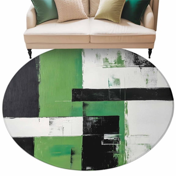 Abstract Graffiti Round Area&nbsp;Rug 6ft Green Black Urban Street Art Non-Slip&nbsp;Washable Circle Rugs Soft Felt Indoor Floor Mat for Bedroom Kitchen Living Room Bathroom