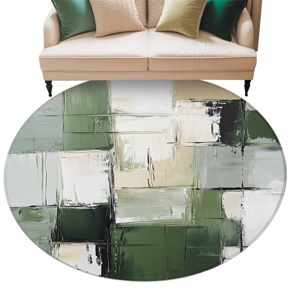 Abstract Graffiti Round Area Rug 8ft Green Beige Geometric Wash Non-Slip Washable Circle Rugs Soft Felt Indoor Floor Mat for Bedroom Kitchen Living Room Bathroom
