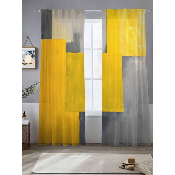 Abstract Graffiti Sheer Curtains 108 Inches Long 2 Panels Cube Grey Yellow Oil Painting Style Light Filtering Semi Sheer Window Curtains Drapes for Bedroom Living Room 52"x108"