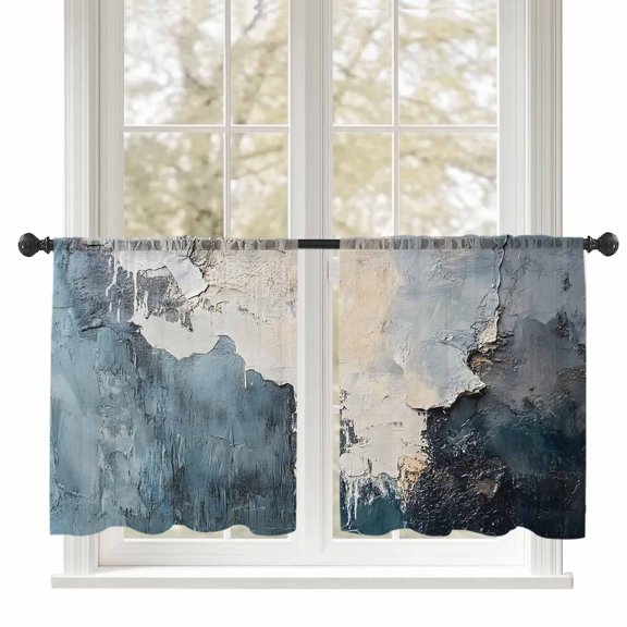 Abstract Graffiti Sheer Curtains 45 inches Long 2 Panels Set Blue Grey White Oil Painting Style Tiers Sheers Rod Pocket Small Window Short Curtains for Kitchen Cafe, Each 52" W x 45" L