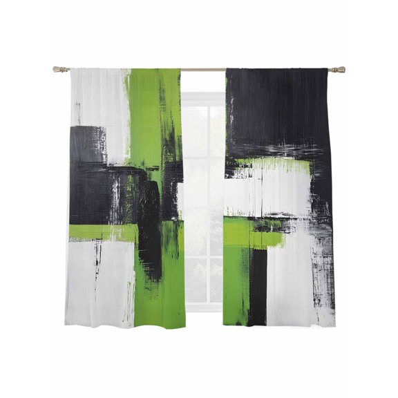 Abstract Graffiti Sheer Curtains for Living Room Bedroom, Light-filtering Sheer Curtain, Green Black Angular Layout Rod Pocket Voile Window Treatment Drapes, 52’’Wx72’’L, 2 Panels Set