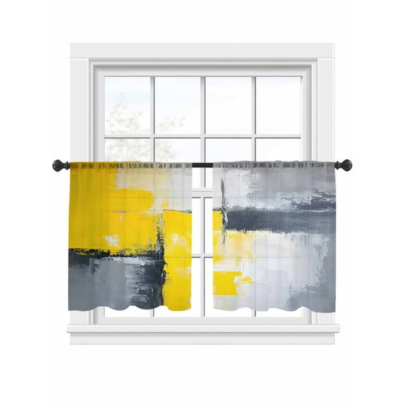 Abstract Graffiti Sheer Curtains for Living Room Bedroom, Light-filtering Sheer Curtain, Watercolor Gray Yellow LigRod Pocket Voile Window Treatment Drapes, 52’’Wx54’’L, 2 Panels Set
