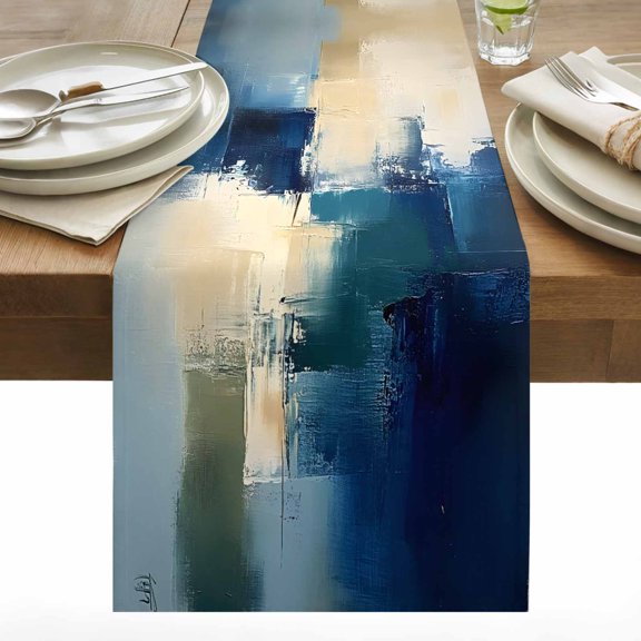 Abstract Graffiti Table Runner 13x36 inch Beige Blue Oil Painting Watercolor Cotton Linen Dining Table Runner Ideal for Dresser Kitchen Coffee Tables - Machine Washable