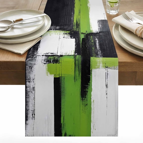 Abstract Graffiti Table Runner 13x48 inch Green Black Angular Layout Cotton Linen Dining Table Runner Ideal for Dresser Kitchen Coffee Tables - Machine Washable