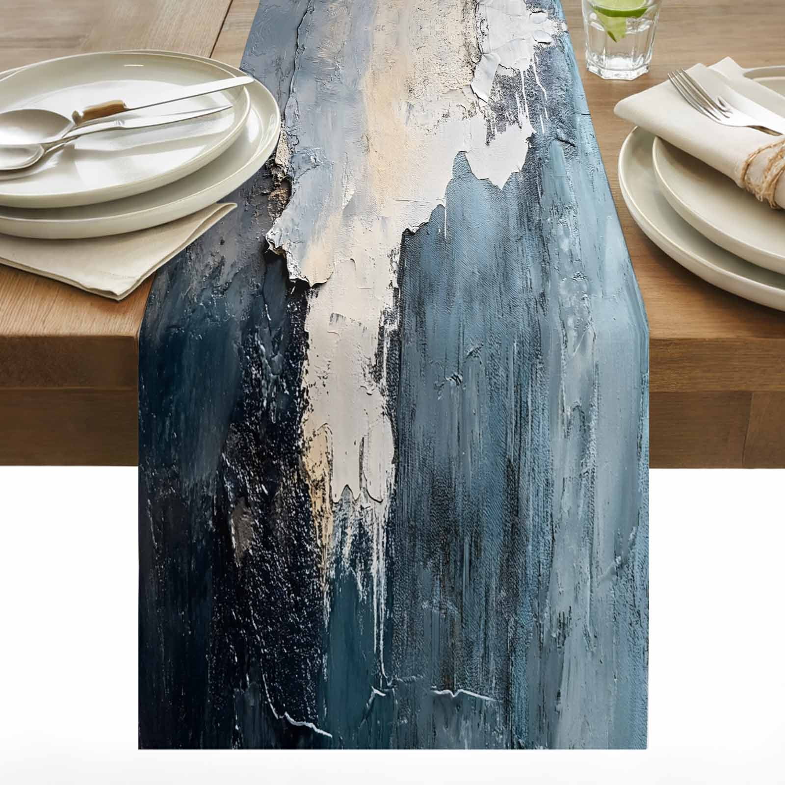 Abstracted Table Abstract Graffiti Table Runner 13x90 inch Blue Grey White Oil Painting ...