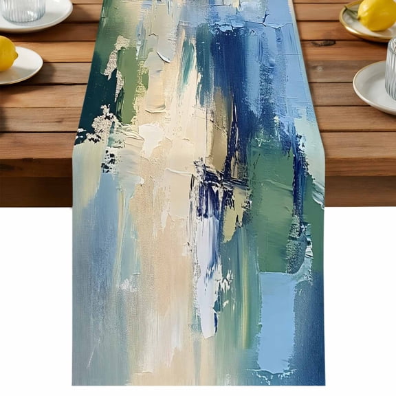 Abstract Graffiti Table Runner, Blue Beige Oil Painting Theme Cotton Linen Table Cloth, Tablerunner for Kitchen Dining Party Wedding Home Decor 13x36 Inch