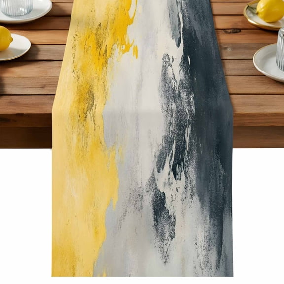 Abstract Graffiti Table Runner, Grey Yellow Oil Painting Style Cotton Linen Table Cloth, Tablerunner for Kitchen Dining Party Wedding Home Decor 13x36 Inch