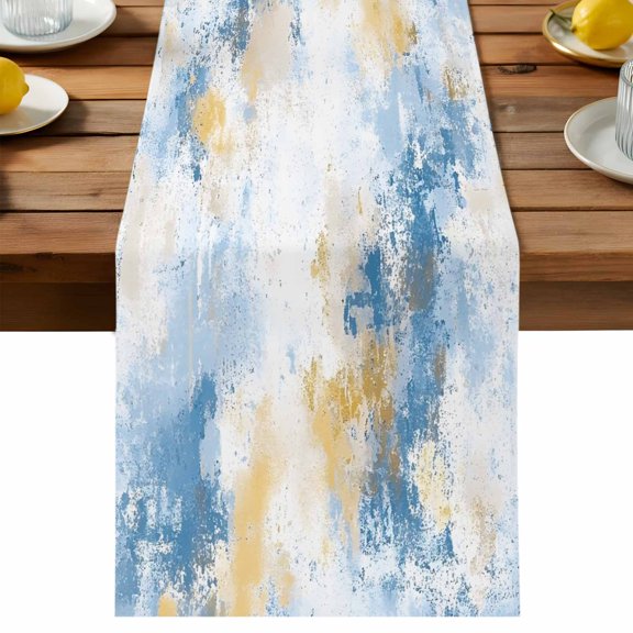 Abstract Graffiti Table Runner, White Yellow Blue Oil Painting Style Cotton Linen Table Cloth, Tablerunner for Kitchen Dining Party Wedding Home Decor 13x36 Inch