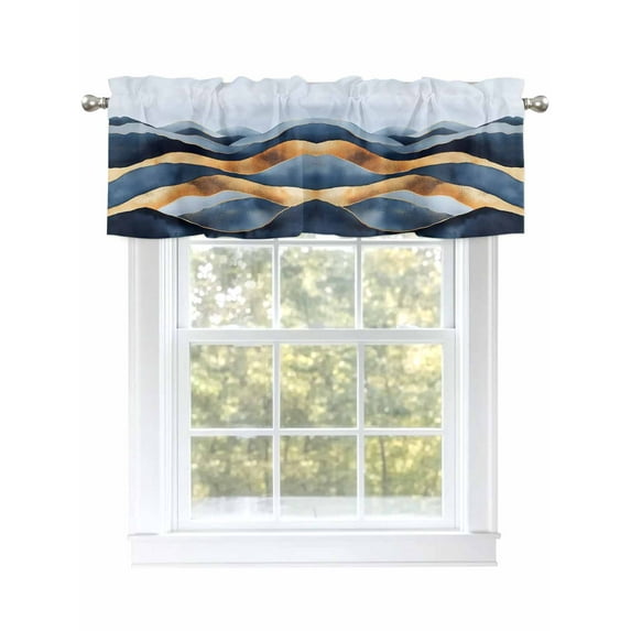 Abstract Graffiti Valances for Windows Blue Gold Stripe Water Ripples Kitchen Valance Curtain Rod Pocket Small Curtains for Cafe Bathroom Laundry Basement 54" x 18"