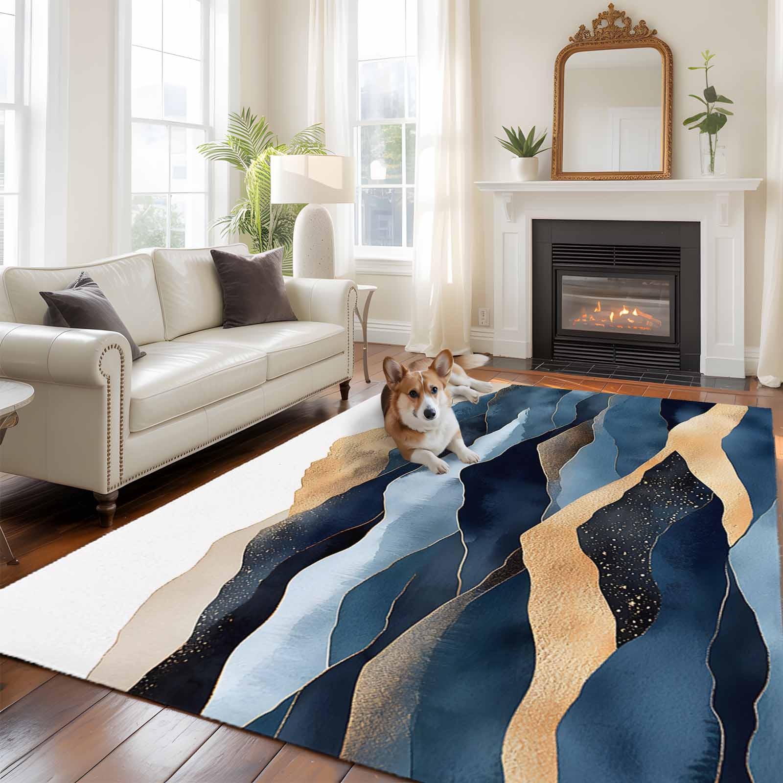 Low Profile Blue Rug Abstract Graffiti Washable Area Rug 5x7 111 Blue Gold Stripe Water ...