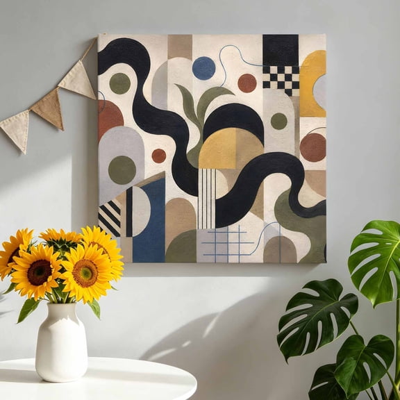 Abstract Graphic Canvas Wall Art, Vintage Geometric Black Yellow Circle Arch Forms Pictures Wall Decor Wooden Framed Artwork Art Prints for Living Room Hallway Bedroom Office 8"x8"