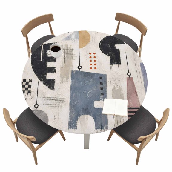 Abstract Graphic Round Fitted Table Cover Vintage Geometric Black Blue Pink Beige Textured Waterproof Table Cloth with Elastic Edge Wipeable Tablecloth for Picnic Camping Party Fits 55"-60" Tables
