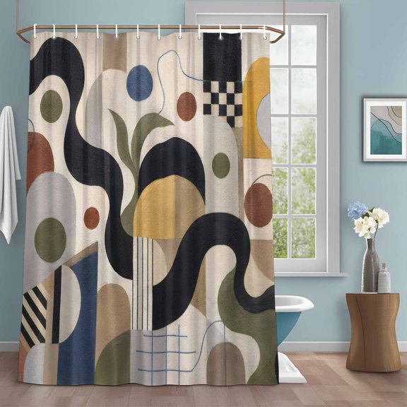 Abstract Graphic Shower Curtain with Hooks, Vintage Geometric Black Yellow Circle Arch Forms Water Repellent Shower Curtains for Bathroom Decor Sturdy Shower Curtain, Machine Washable 72x78 Inch